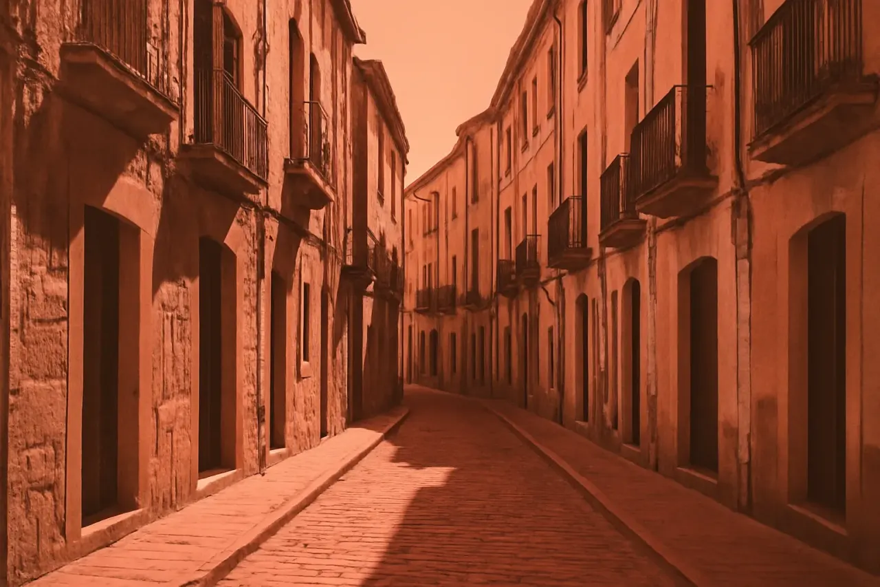 Duotone ink-and-coral photograph of a quiet traditional street in Vilafranca del Penedès with stone facades and shuttered windows.