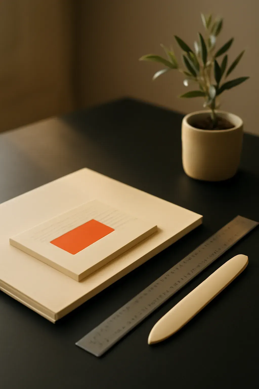 A studio desk detail with uncoated paper stock, a ruler, a bone-folder and a small olive branch in warm natural light.