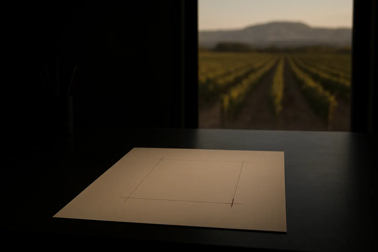 A studio worktable with a printed proof sheet and registration marks in the foreground, Alt Penedès vineyard rows visible through a window beyond, in low warm light.