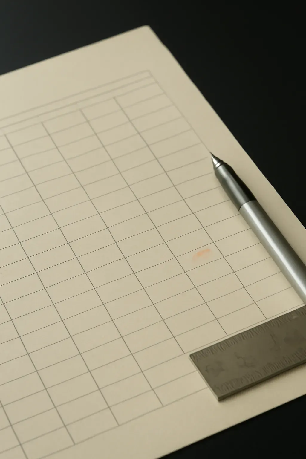 A printed spec-sheet grid with fine ruled rows and dashes standing in for figures, one row-tick marked in coral, beside a ruler.